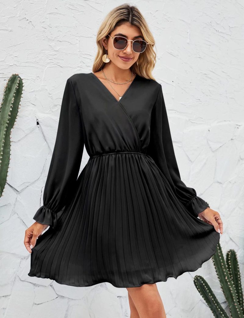 V-Neck Pleated Long Sleeve Mini Dress for Wedding Guests - Image 3