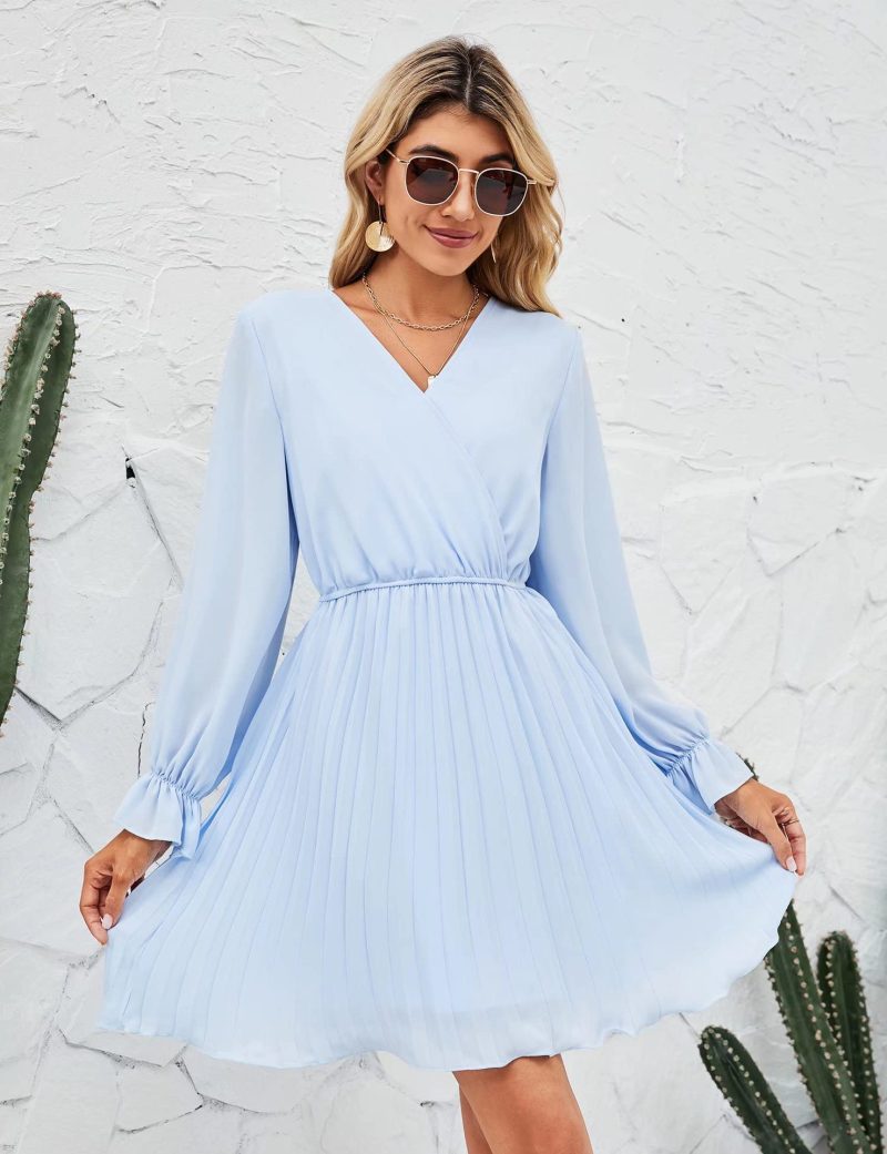 V-Neck Pleated Long Sleeve Mini Dress for Wedding Guests - Image 4