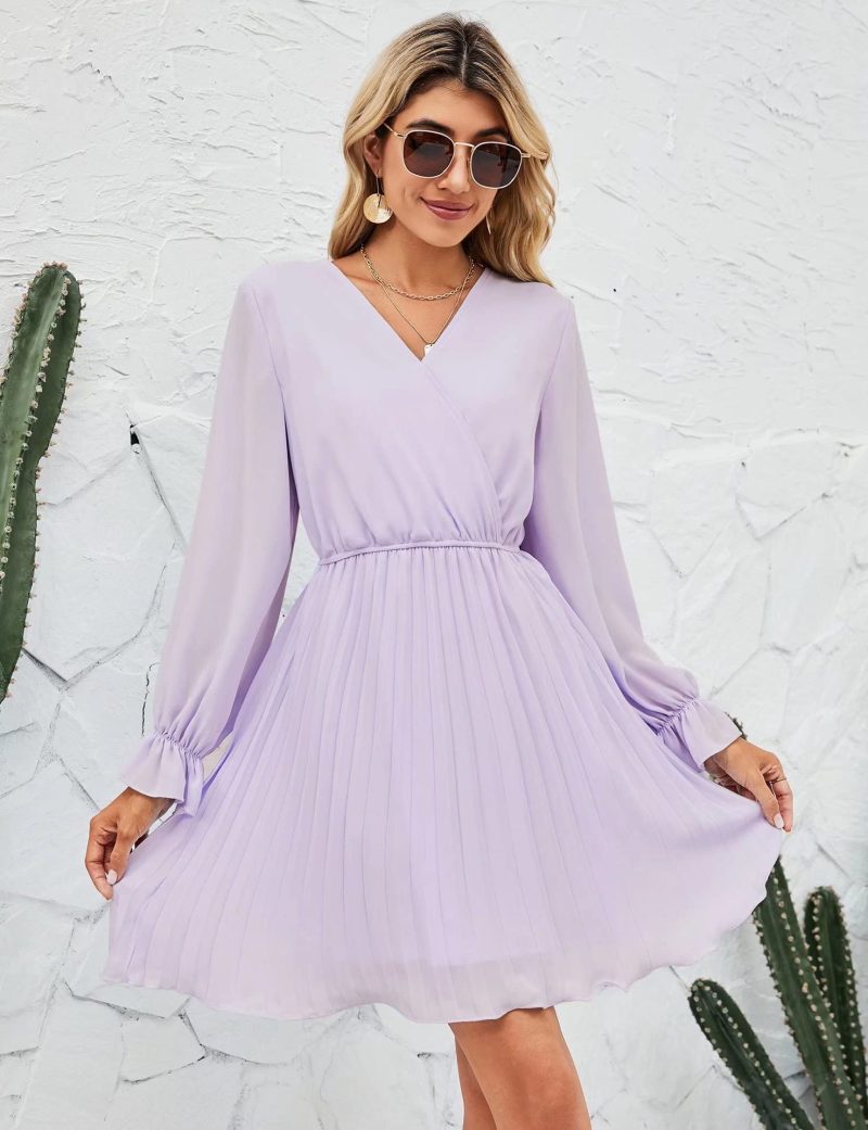 V-Neck Pleated Long Sleeve Mini Dress for Wedding Guests - Image 5