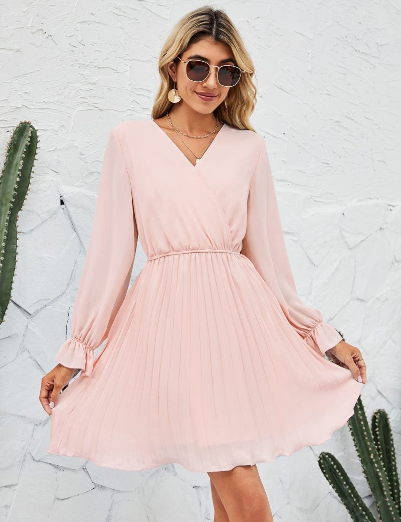 V-Neck Pleated Long Sleeve Mini Dress for Wedding Guests - Image 6