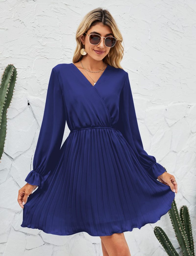 V-Neck Pleated Long Sleeve Mini Dress for Wedding Guests - Image 7