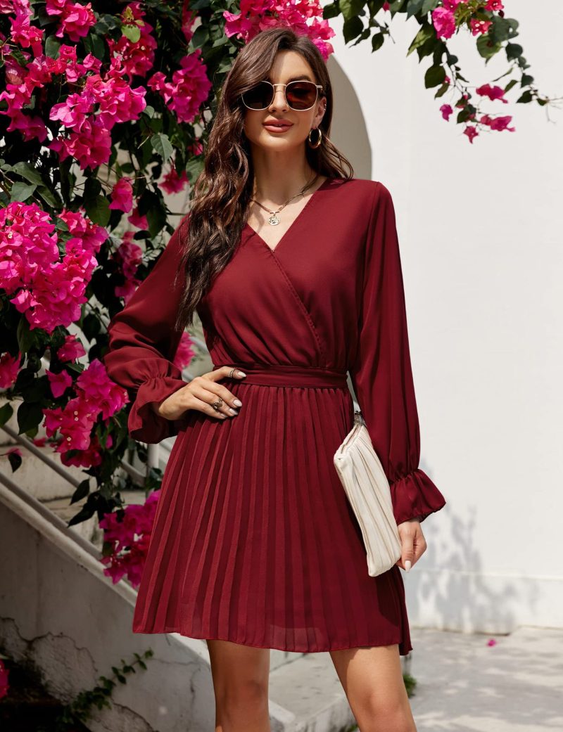 V-Neck Pleated Long Sleeve Mini Dress for Wedding Guests - Image 8