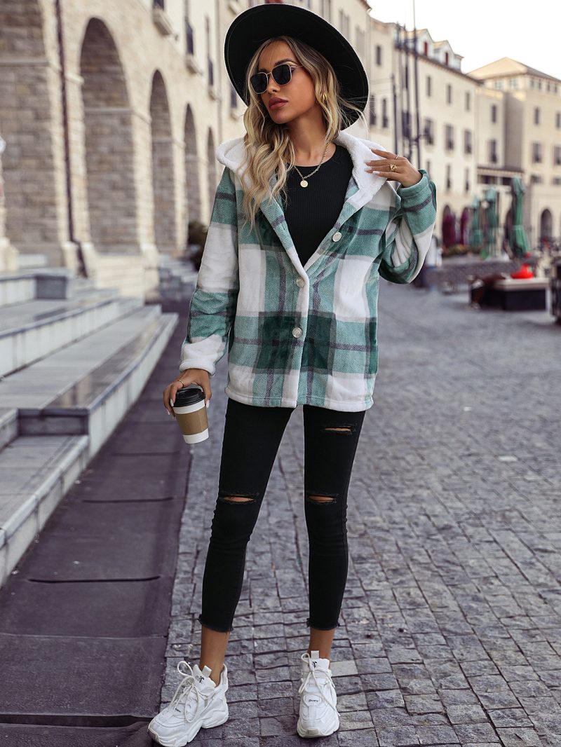Hooded Plaid Mid-Length Velvet Coat - Image 2