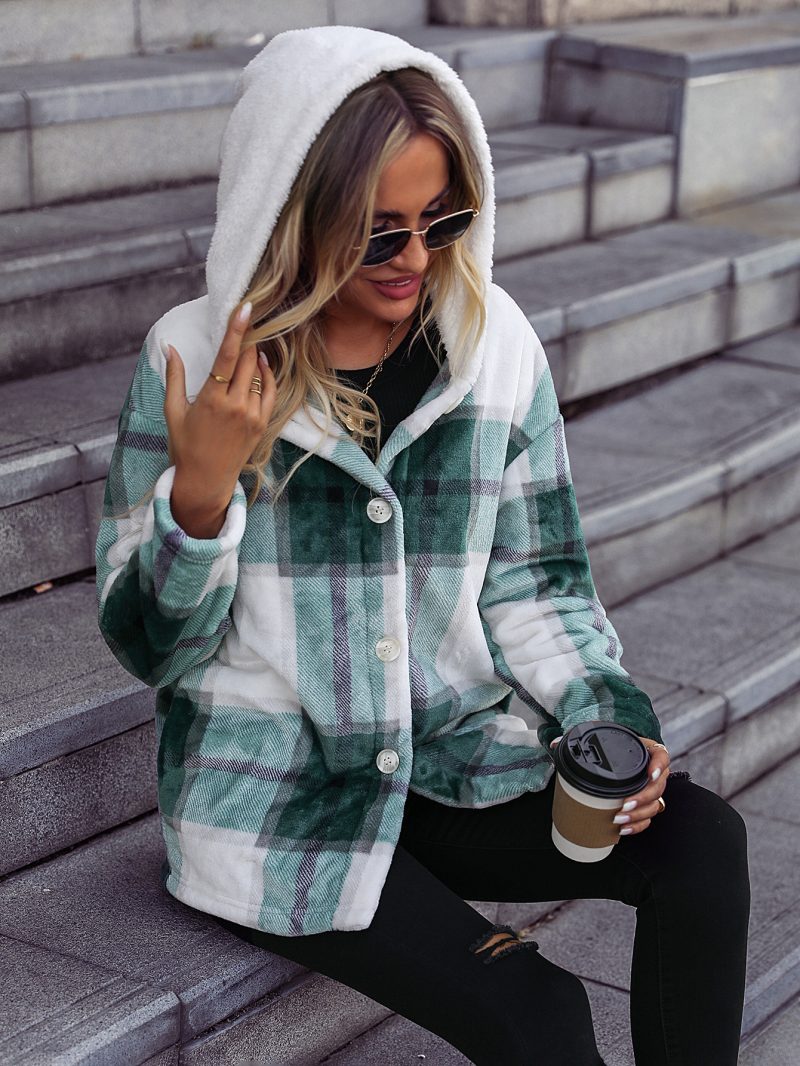 Hooded Plaid Mid-Length Velvet Coat - Image 3