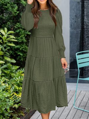 Solid Color Long Sleeve Round Neck Smocking Dress for Women in Spring/Autumn