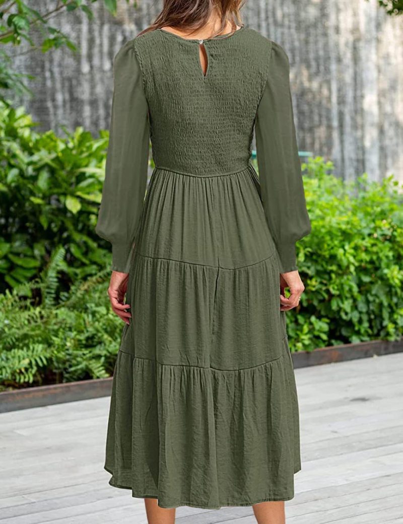 Solid Color Long Sleeve Round Neck Smocking Dress for Women in Spring/Autumn - Image 2