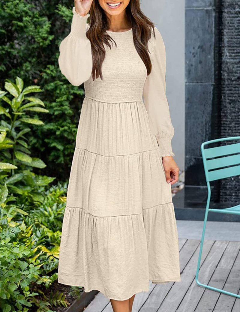 Solid Color Long Sleeve Round Neck Smocking Dress for Women in Spring/Autumn - Image 3