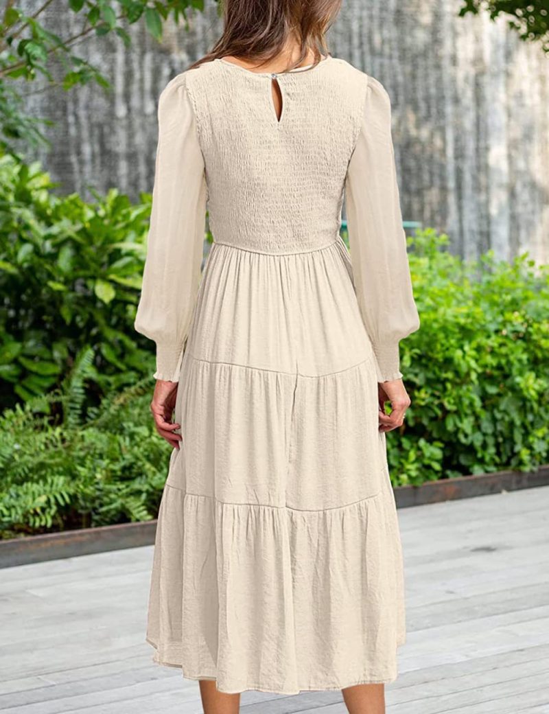 Solid Color Long Sleeve Round Neck Smocking Dress for Women in Spring/Autumn - Image 4