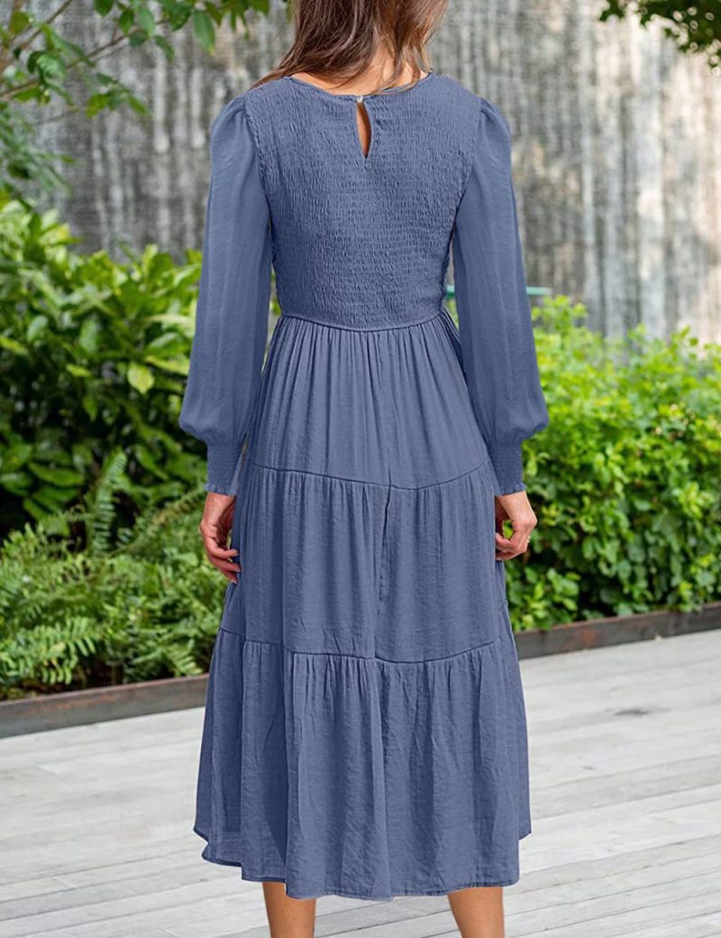 Solid Color Long Sleeve Round Neck Smocking Dress for Women in Spring/Autumn - Image 6