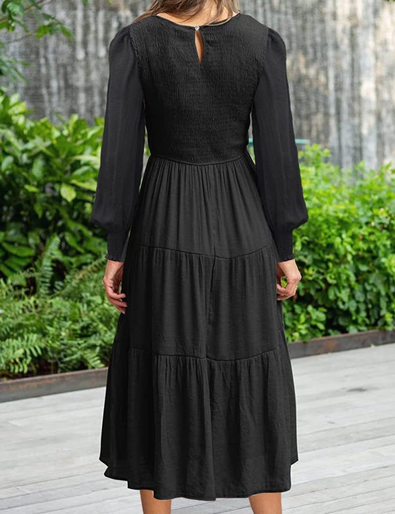 Solid Color Long Sleeve Round Neck Smocking Dress for Women in Spring/Autumn - Image 8