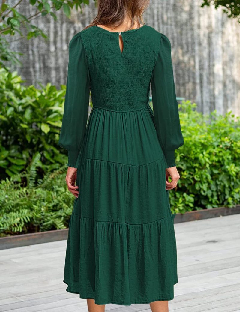 Solid Color Long Sleeve Round Neck Smocking Dress for Women in Spring/Autumn - Image 10