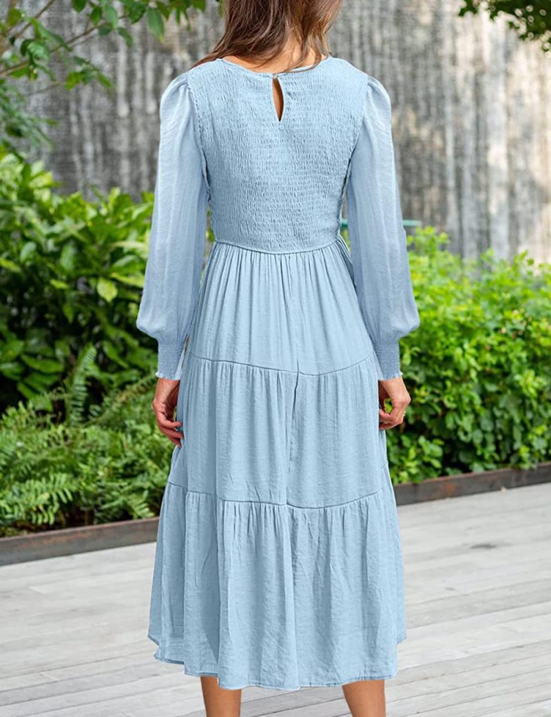Solid Color Long Sleeve Round Neck Smocking Dress for Women in Spring/Autumn - Image 12