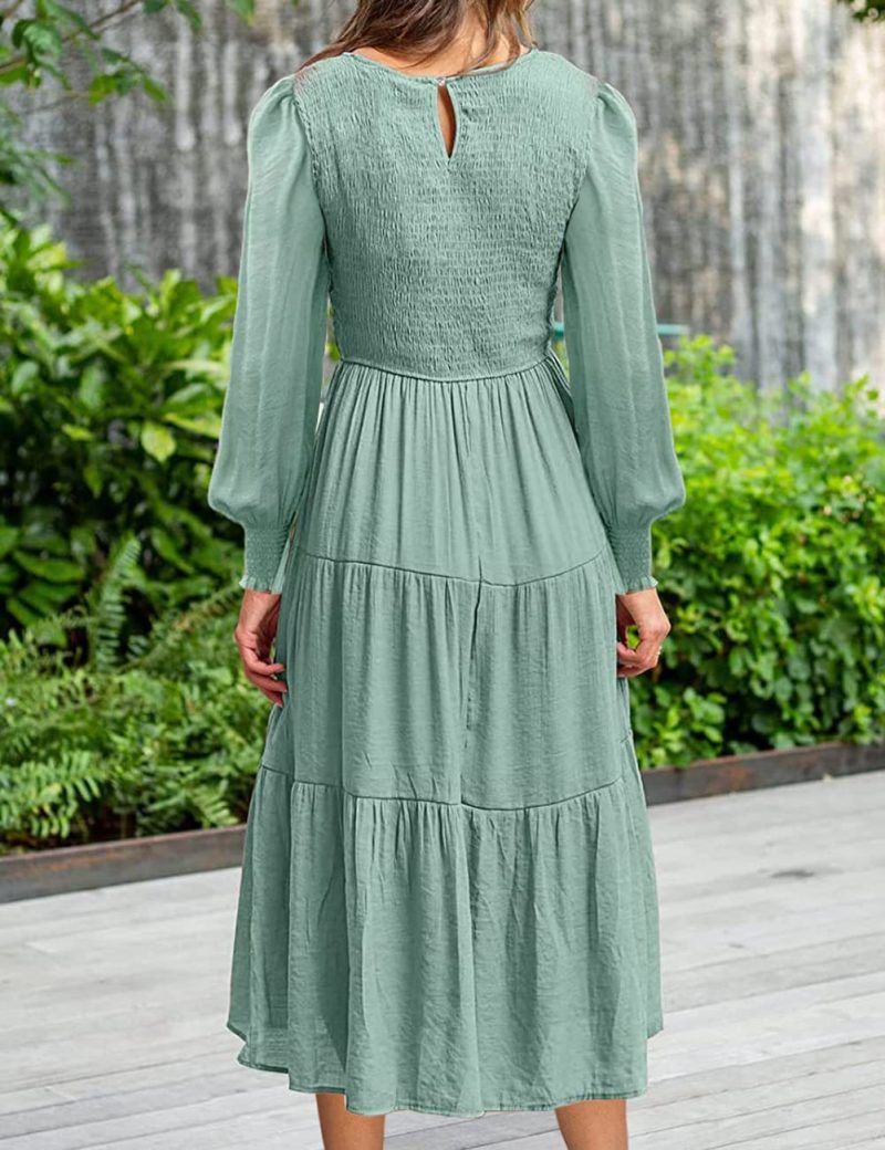 Solid Color Long Sleeve Round Neck Smocking Dress for Women in Spring/Autumn - Image 14