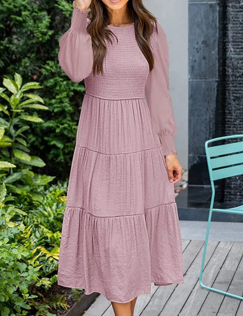 Solid Color Long Sleeve Round Neck Smocking Dress for Women in Spring/Autumn - Image 15