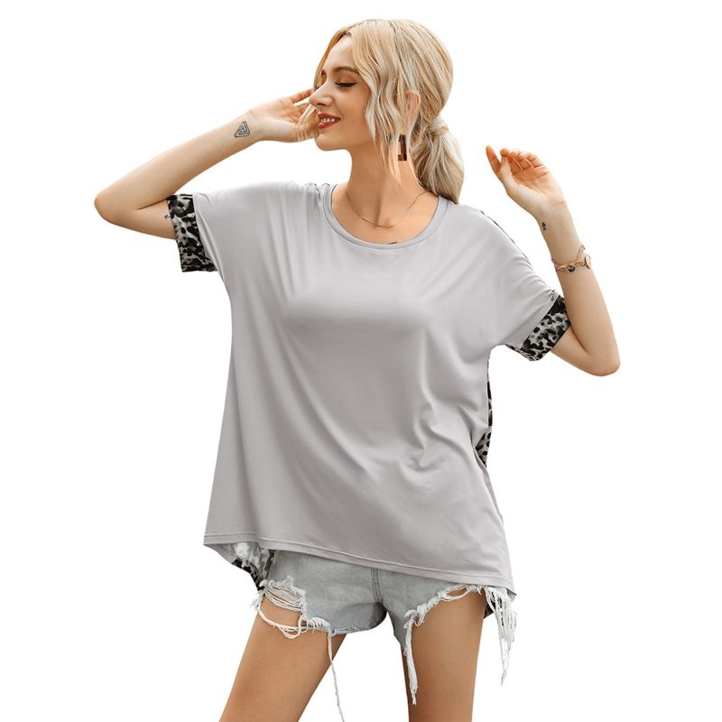 Women Clothing round Neck Pattern Leopard Splicing Short - Image 4