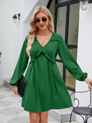 Lace-Up V-Neck Pleated Long Sleeve Dress for Women