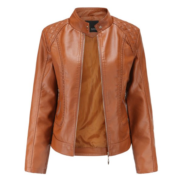 Stand Collar Faux Leather Jacket for Women - Image 3