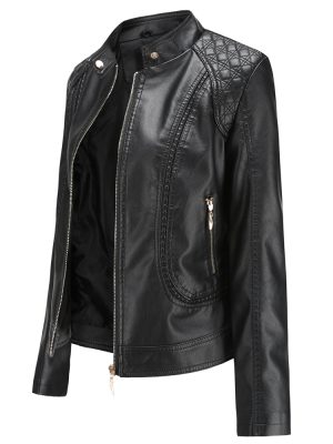 Stand Collar Faux Leather Jacket for Women