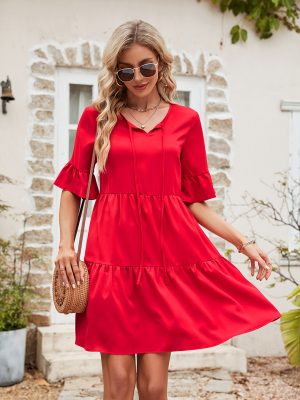 Casual Pleated Mini Dress with Short Sleeves and High Waist