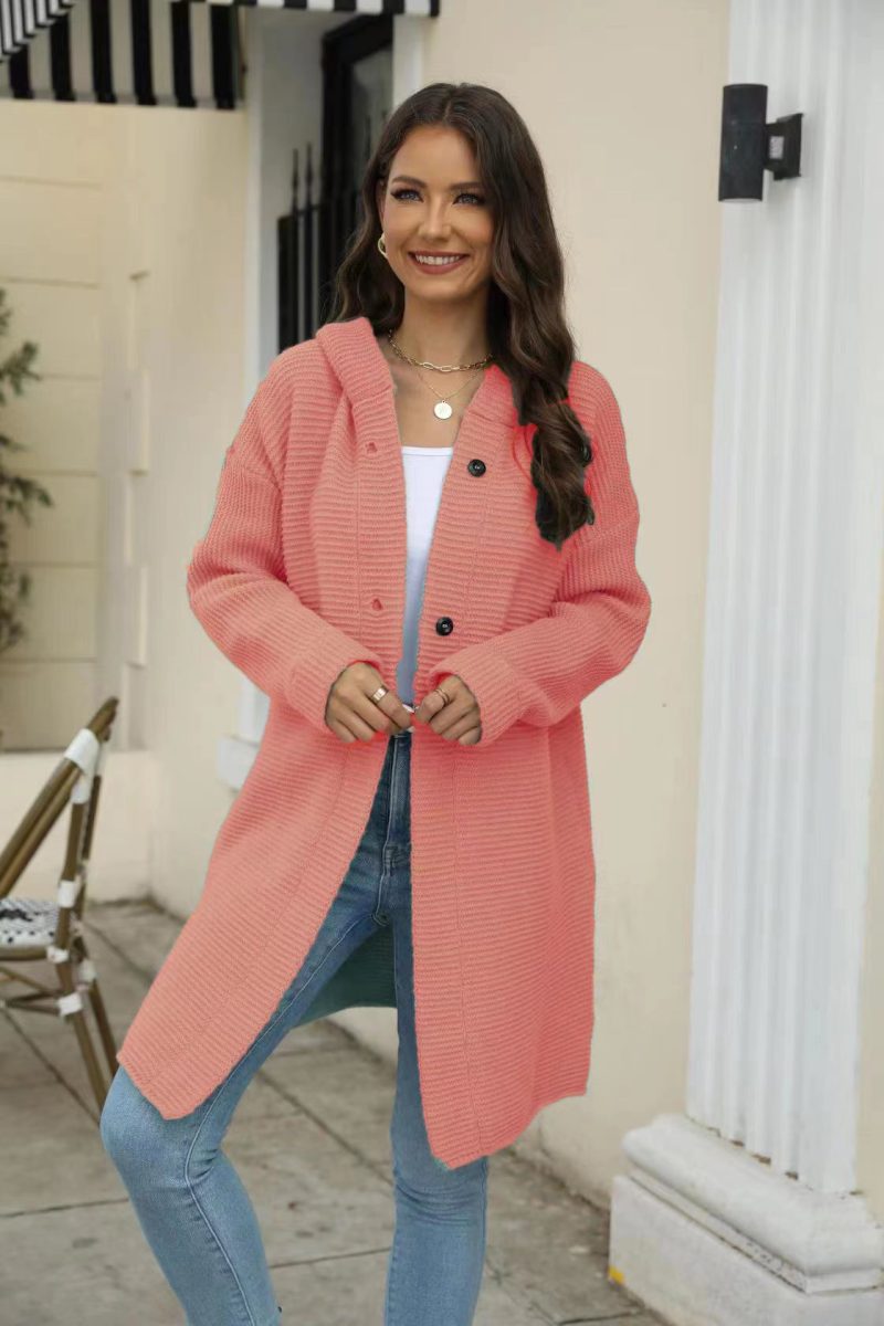 Hooded Cap Collar Solid Color Cardigan - Image 2