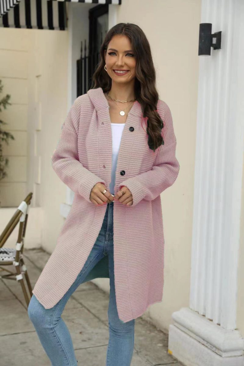 Hooded Cap Collar Solid Color Cardigan - Image 3