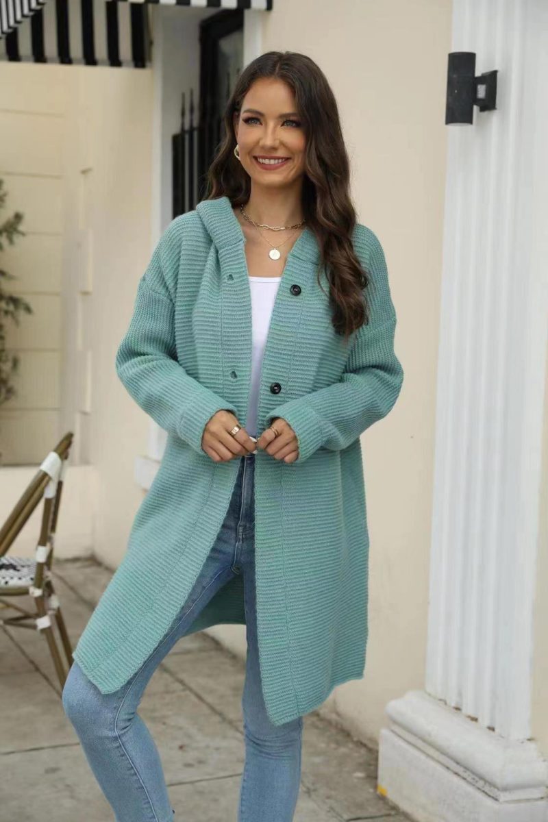 Hooded Cap Collar Solid Color Cardigan - Image 4