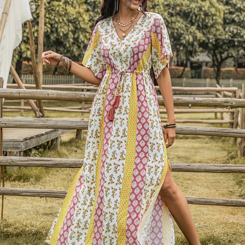 Mixed Bohemian Printed High Waist V-Neck Dress - Image 2