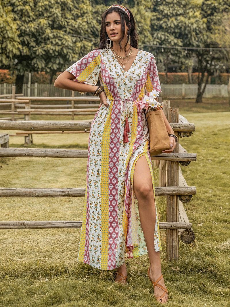 Mixed Bohemian Printed High Waist V-Neck Dress - Image 3