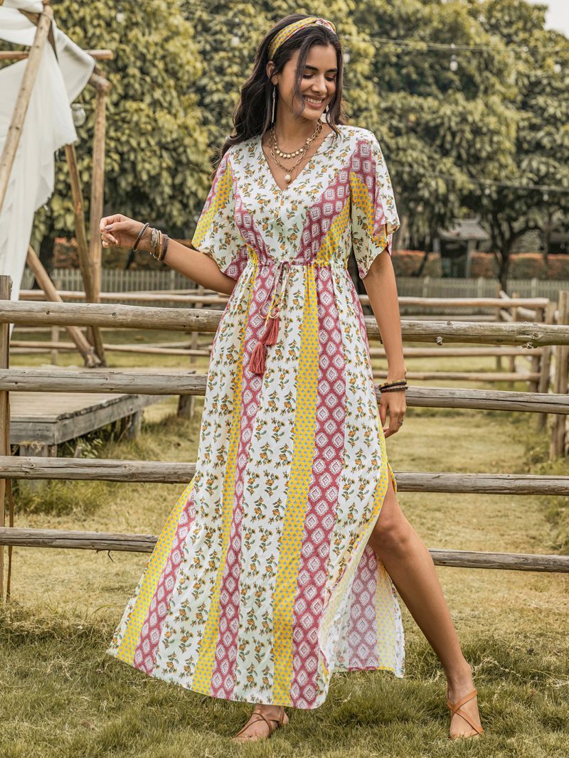 Mixed Bohemian Printed High Waist V-Neck Dress - Image 4