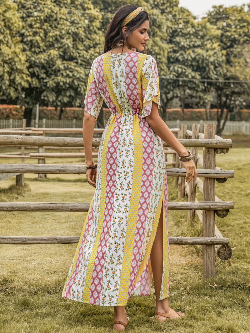 Mixed Bohemian Printed High Waist V-Neck Dress - Image 5