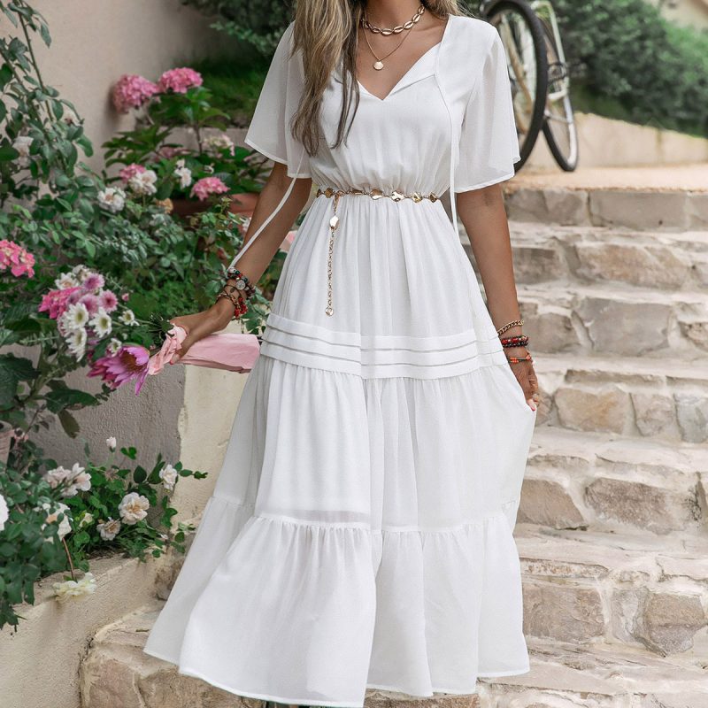 Mixed Batch French Royal Pure White Nightdress with Waist Drawstring - Image 6