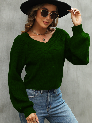 Office-Ready V-Neck Lantern Sleeve Sweater