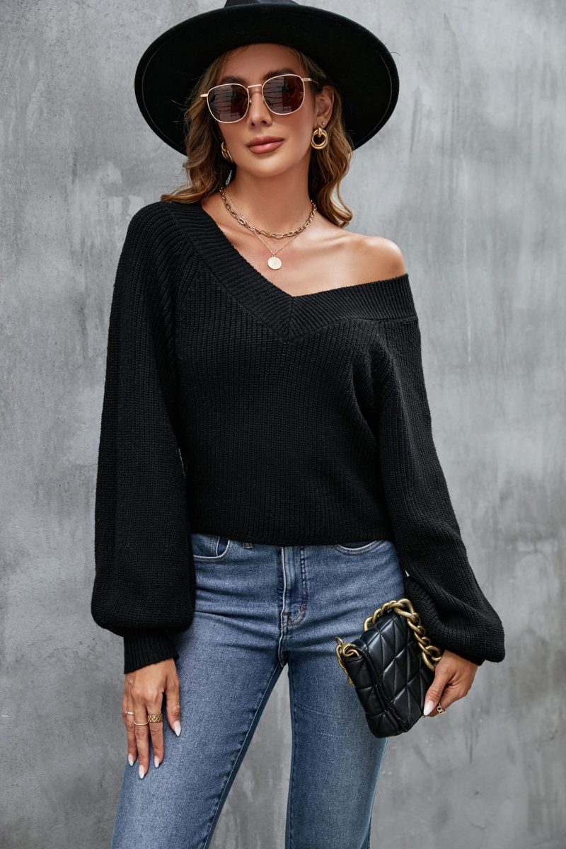 Office-Ready V-Neck Lantern Sleeve Sweater - Image 4