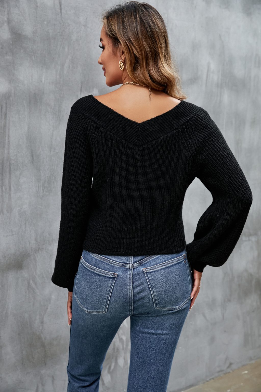 Office-Ready V-Neck Lantern Sleeve Sweater - Image 6