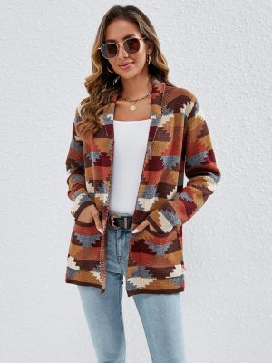 Retro Lapels Plaid Geometric Cardigan