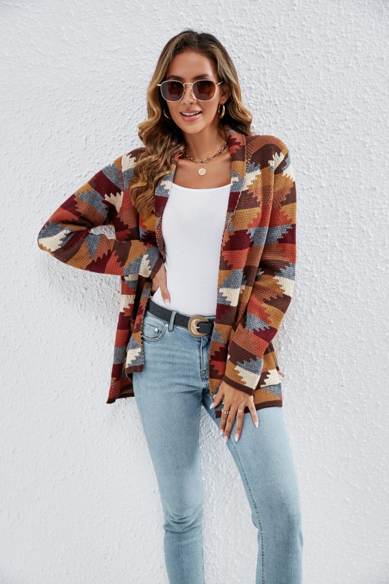 Retro Lapels Plaid Geometric Cardigan - Image 2