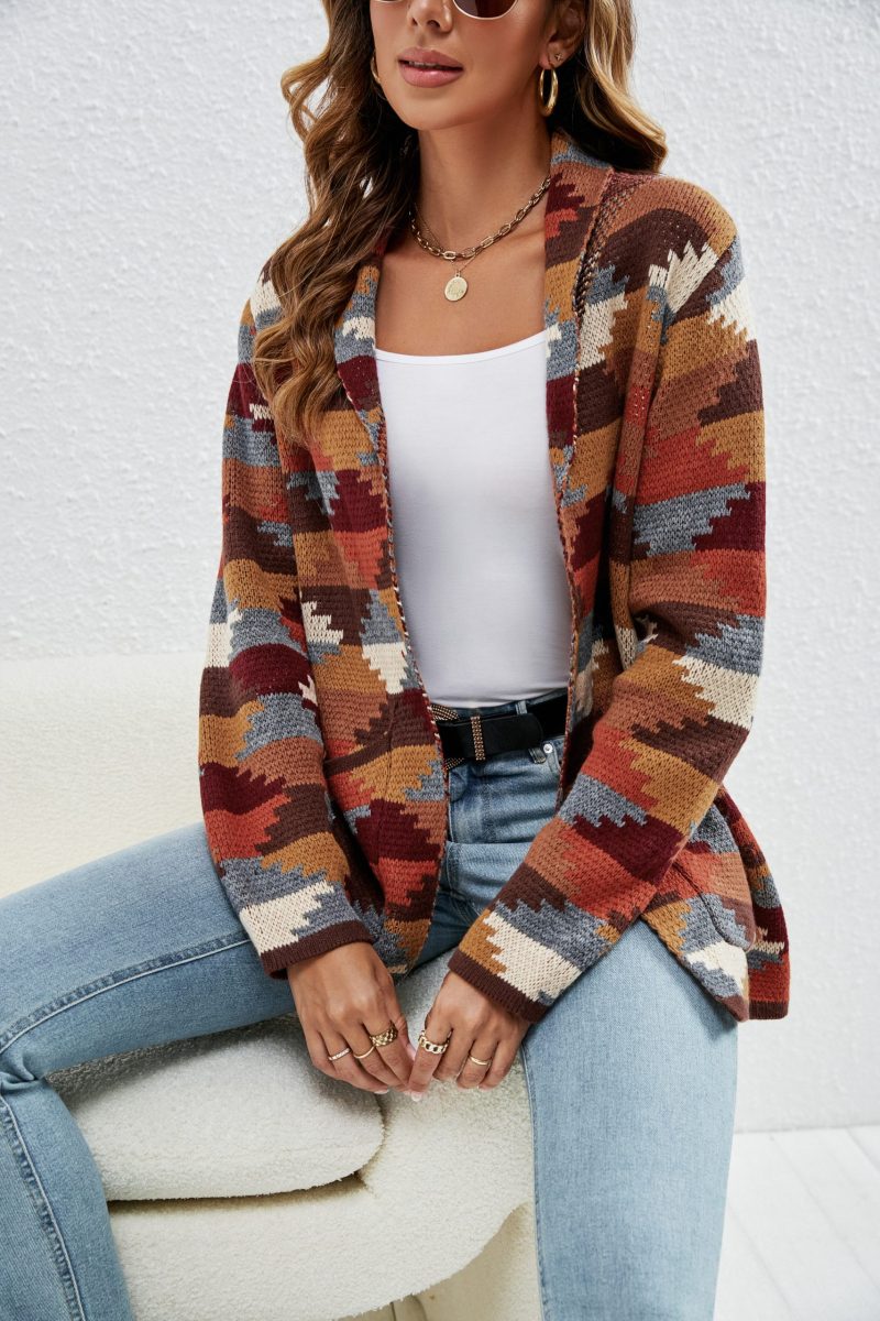 Retro Lapels Plaid Geometric Cardigan - Image 4