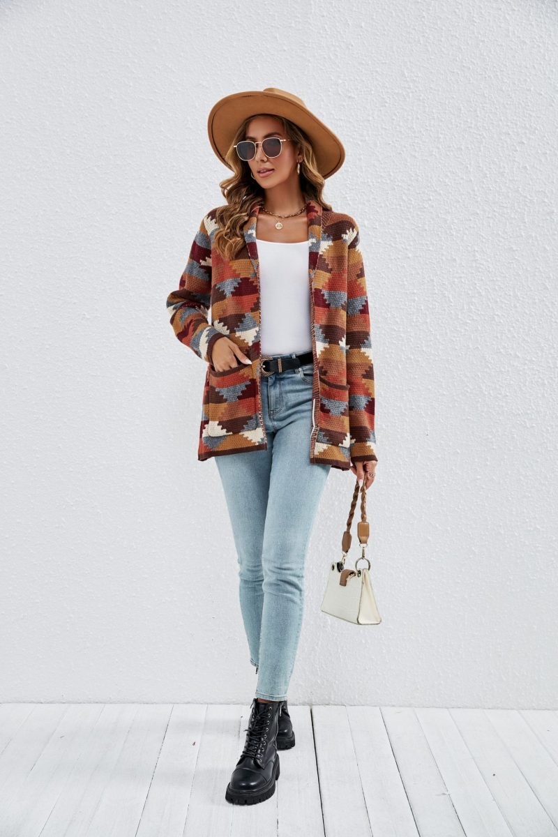 Retro Lapels Plaid Geometric Cardigan - Image 6