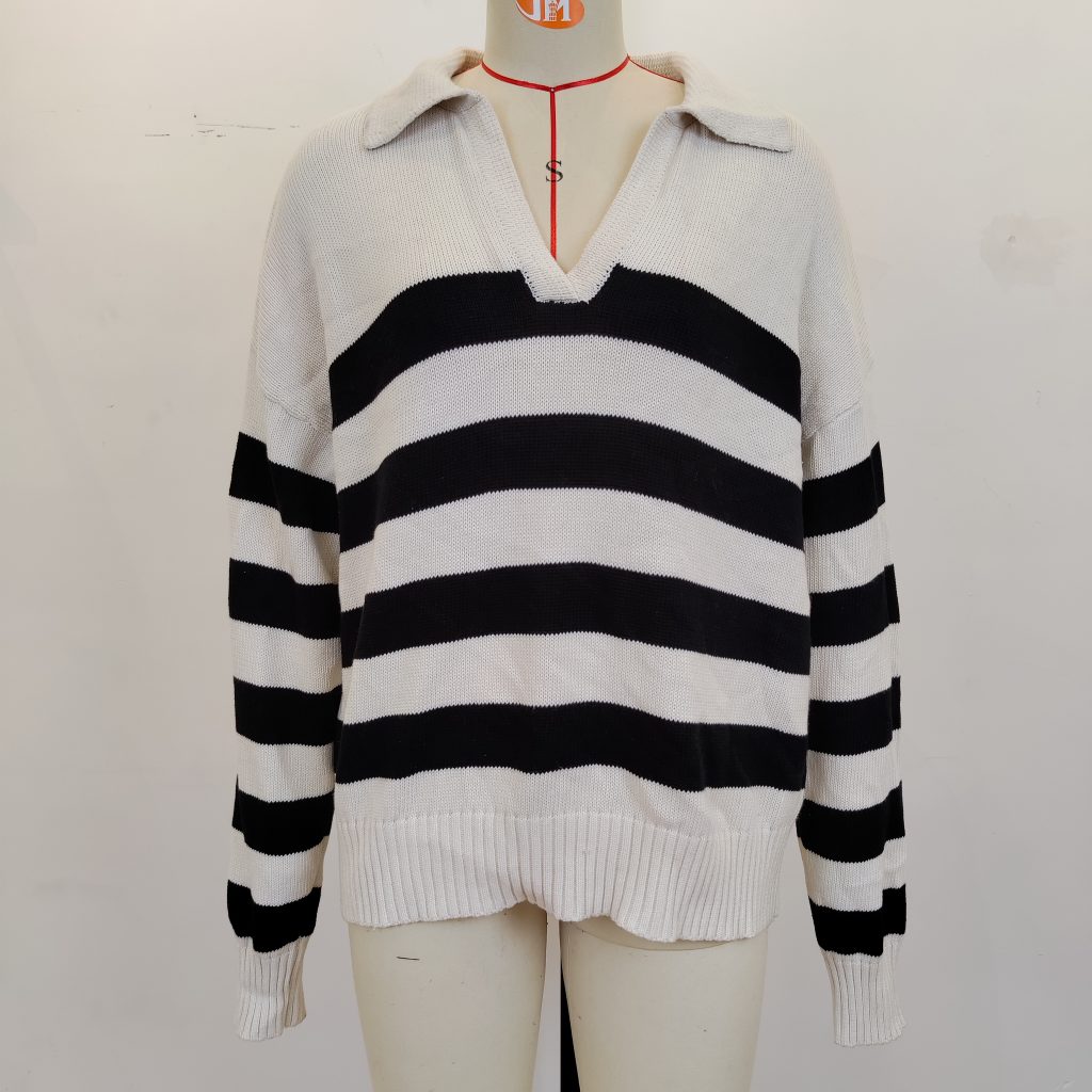 Polo Collar Loose Striped Sweater - Image 5