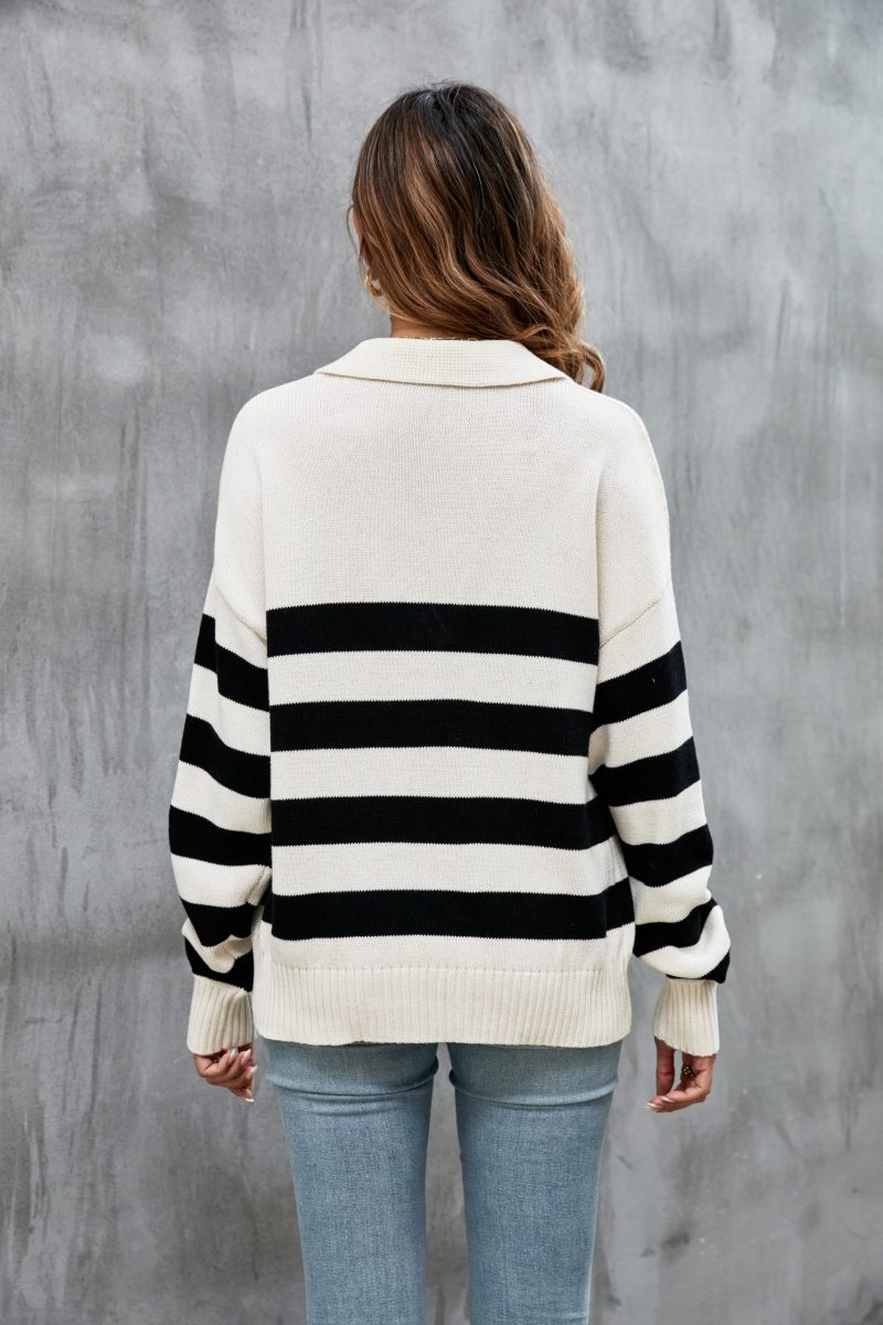 Polo Collar Loose Striped Sweater - Image 6