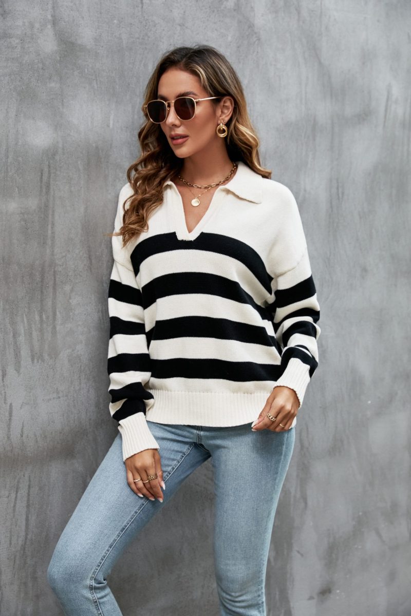 Polo Collar Loose Striped Sweater - Image 7
