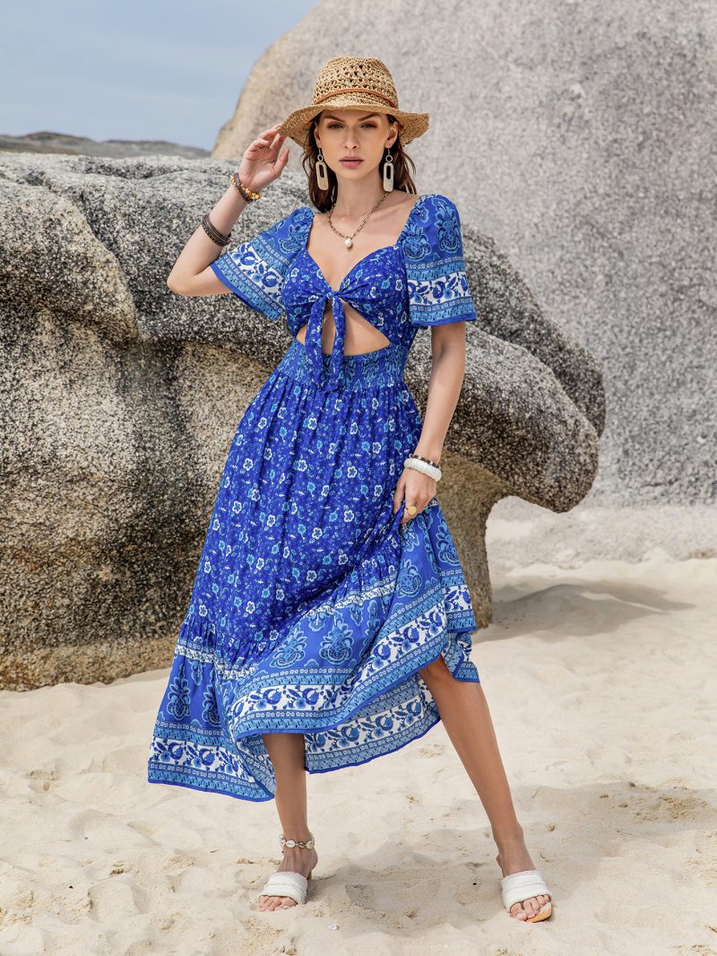 Boho Bliss: Short Sleeve Lace Cropped Dress Set in Serene Blue - Image 2