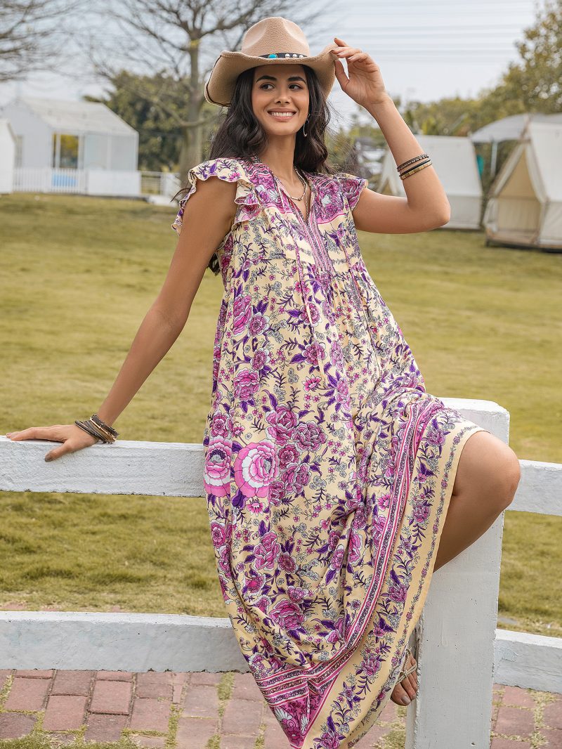Bohemian Lotus Sleeve Casual Dress - Retro Loose Fit - Image 2