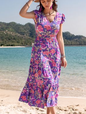 Slimming Purple Printed V-Neck Dress