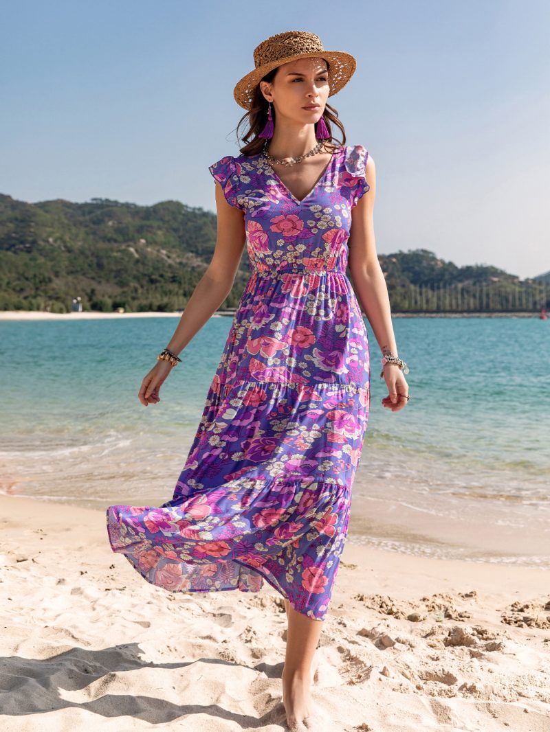 Slimming Purple Printed V-Neck Dress - Image 2