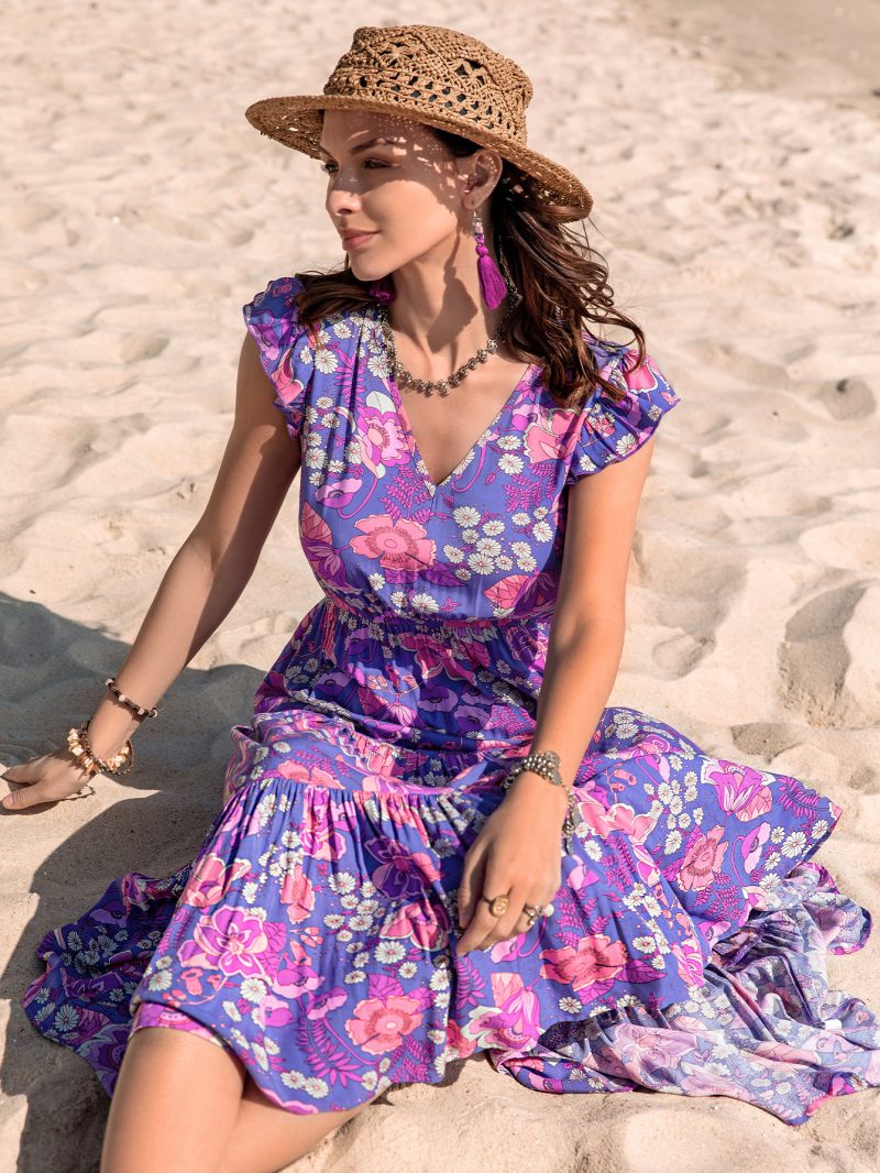 Slimming Purple Printed V-Neck Dress - Image 4