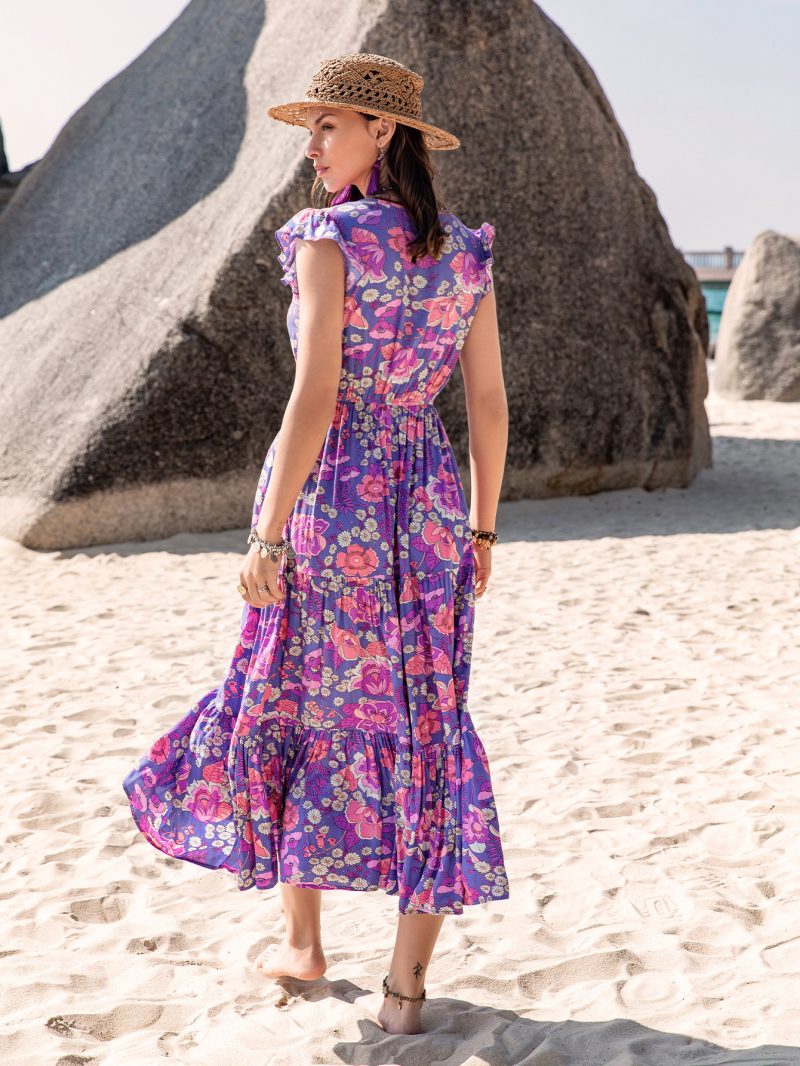 Slimming Purple Printed V-Neck Dress - Image 6