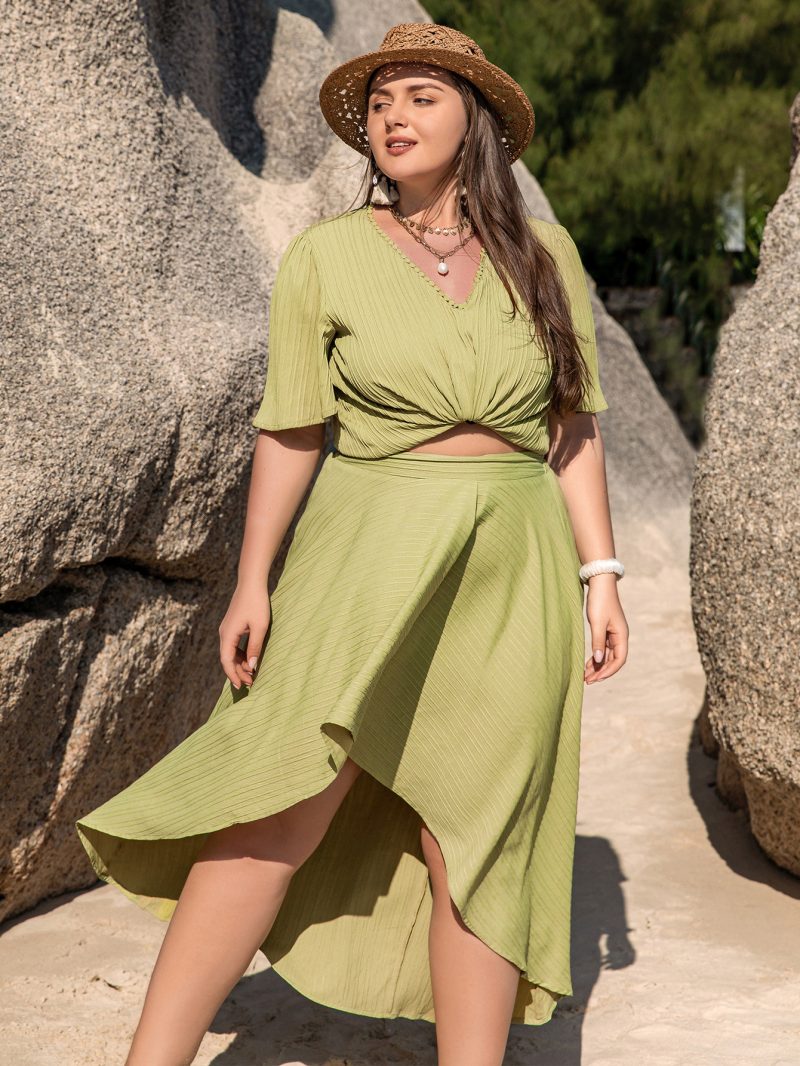 Casual Green Beach Skirt Set - Plus Size - Image 7