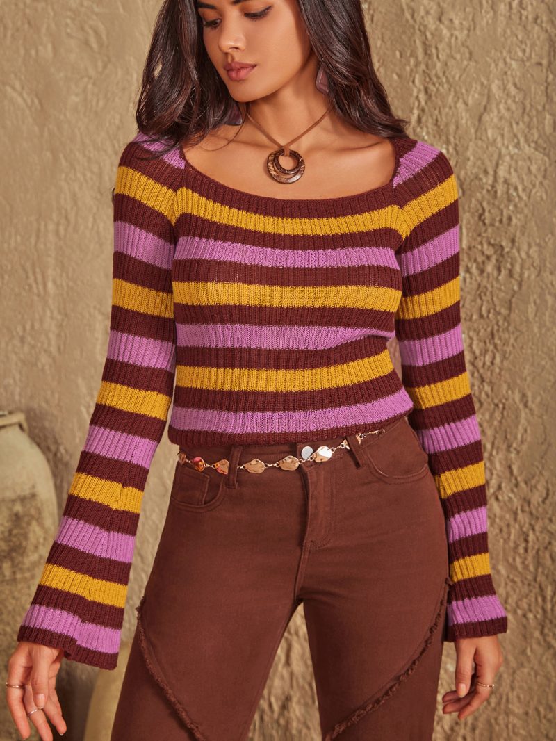 Chic Stripes: Women's Round Neck Striped Knitwear Sweater - Image 3