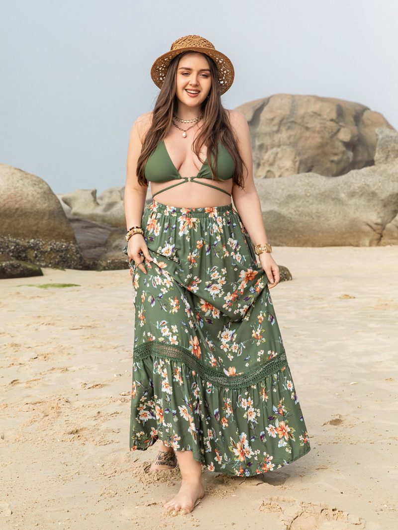Bohemian Plus Size Beach Skirt - Green Print - Image 3